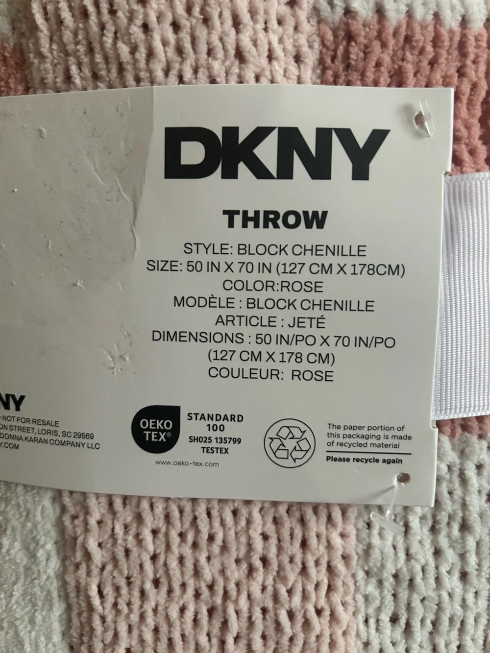 DKNY Pink and Cream Checker Knit Throw Blanket New With Tags
